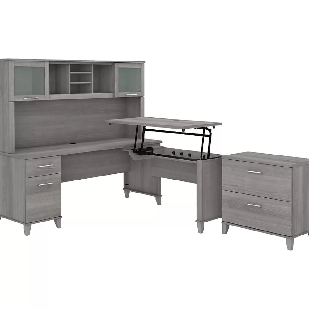 Bush Furniture Somerset 72"W 3 Position Sit to Stand L Shaped Desk with Hutch and File Cabinet, (SET016PG) Platinum Gray Flash Sale
