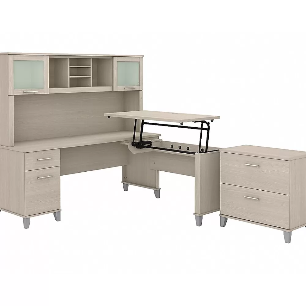 Bush Furniture Somerset 72"W 3 Position Sit to Stand L Shaped Desk with Hutch and File Cabinet, (SET016SO) Sand Oak Fashion