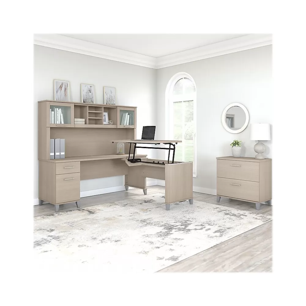Bush Furniture Somerset 72"W 3 Position Sit to Stand L Shaped Desk with Hutch and File Cabinet, (SET016SO) Sand Oak Fashion