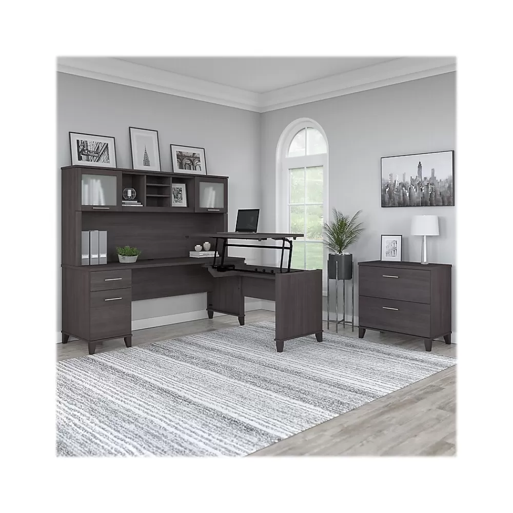 Bush Furniture Somerset 72"W 3 Position Sit to Stand L Shaped Desk with Hutch and File Cabinet, (SET016SG) Storm Gray Cheap
