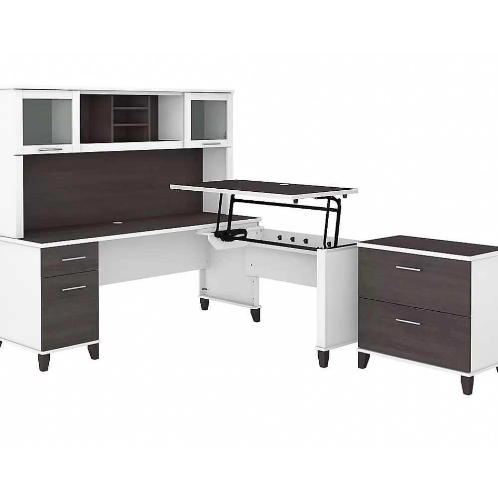 Bush Furniture Somerset 72"W 3 Position Sit to Stand L Shaped Desk with Hutch and File Cabinet, (SET016SGWH) Storm Gray/White Store