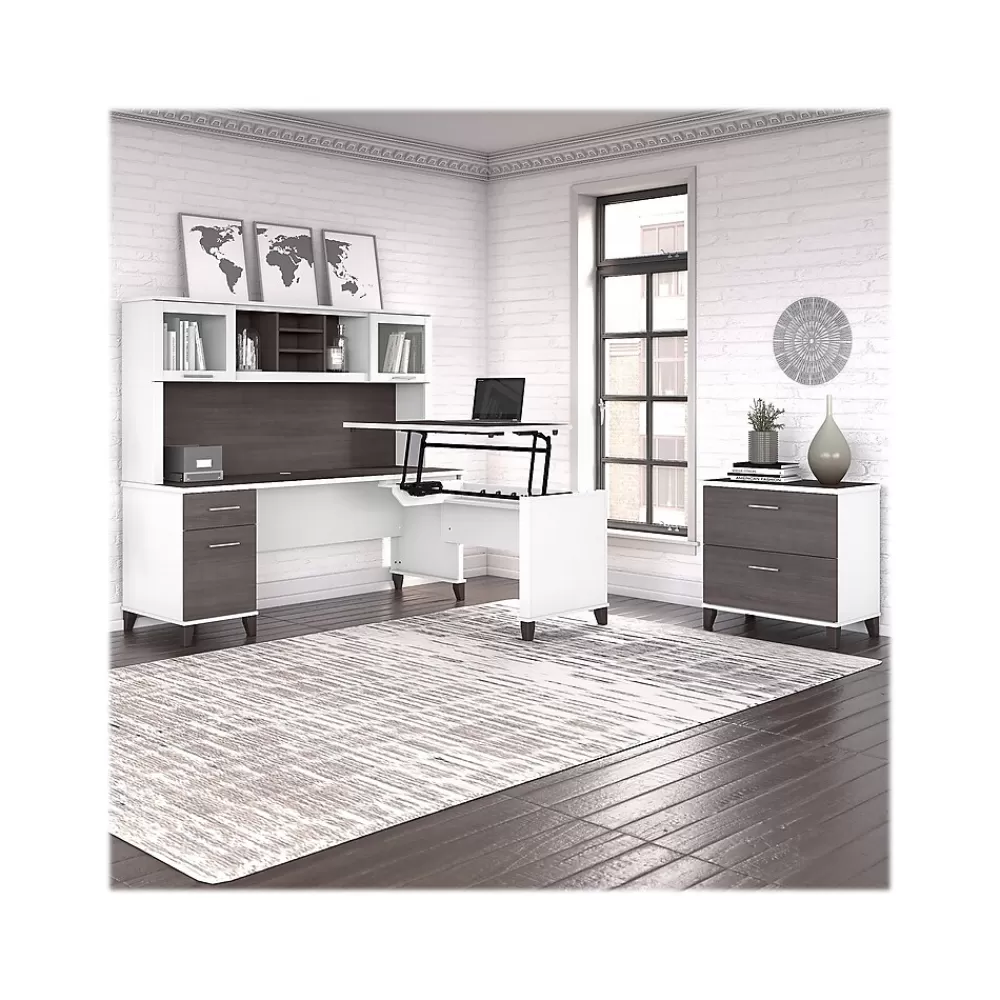 Bush Furniture Somerset 72"W 3 Position Sit to Stand L Shaped Desk with Hutch and File Cabinet, (SET016SGWH) Storm Gray/White Store