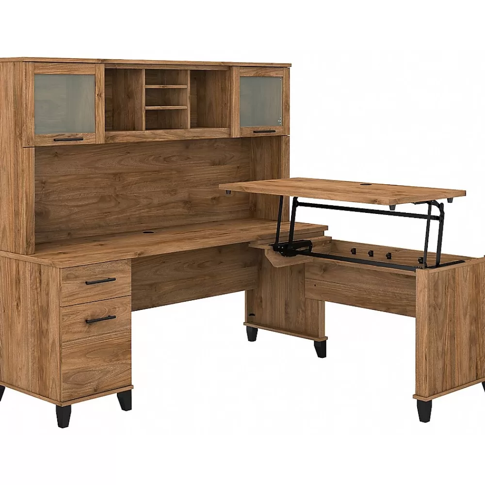 Bush Furniture Somerset 72"W 3 Position Sit to Stand L Shaped Desk with Hutch, (SET015FW) Fresh Walnut Clearance