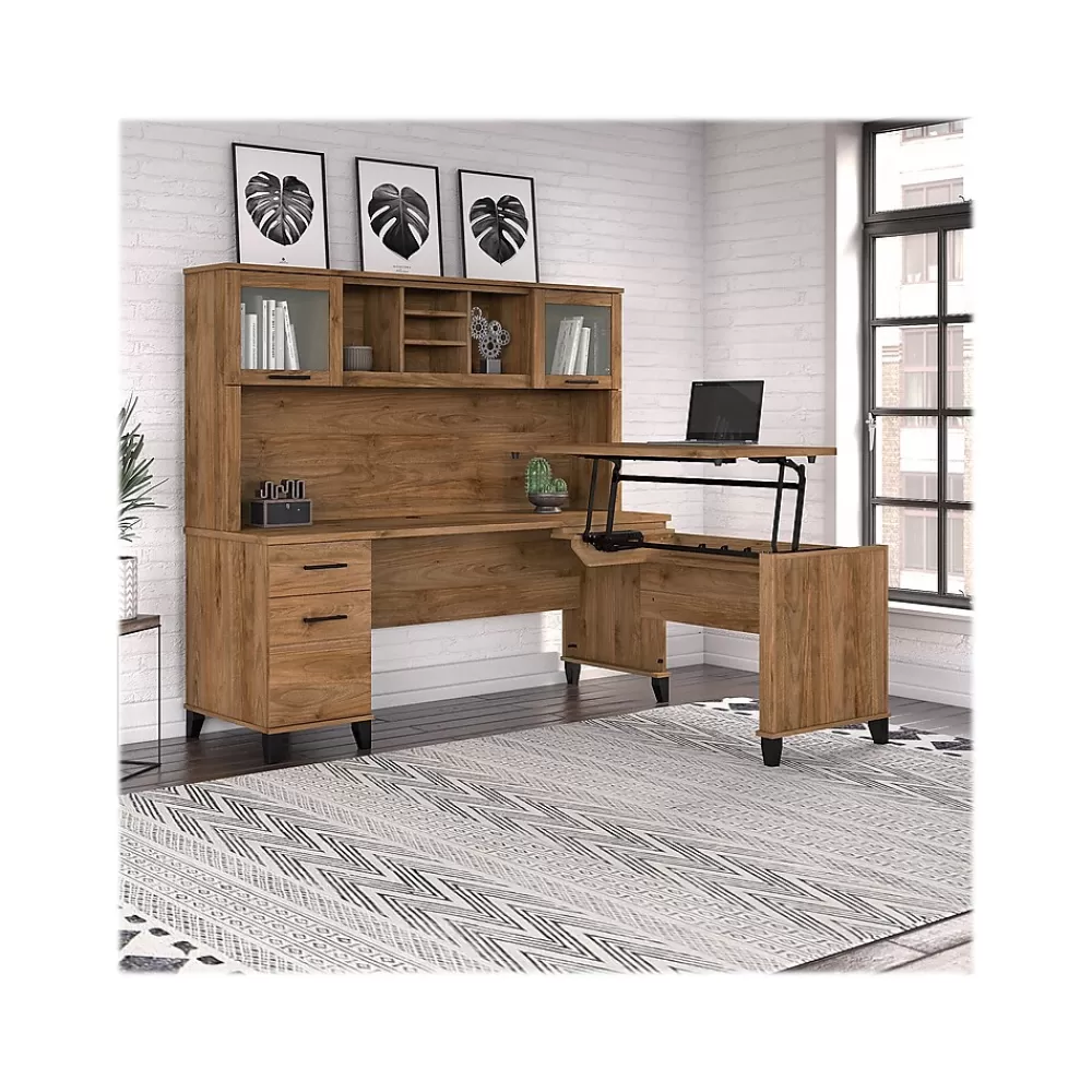 Bush Furniture Somerset 72"W 3 Position Sit to Stand L Shaped Desk with Hutch, (SET015FW) Fresh Walnut Clearance