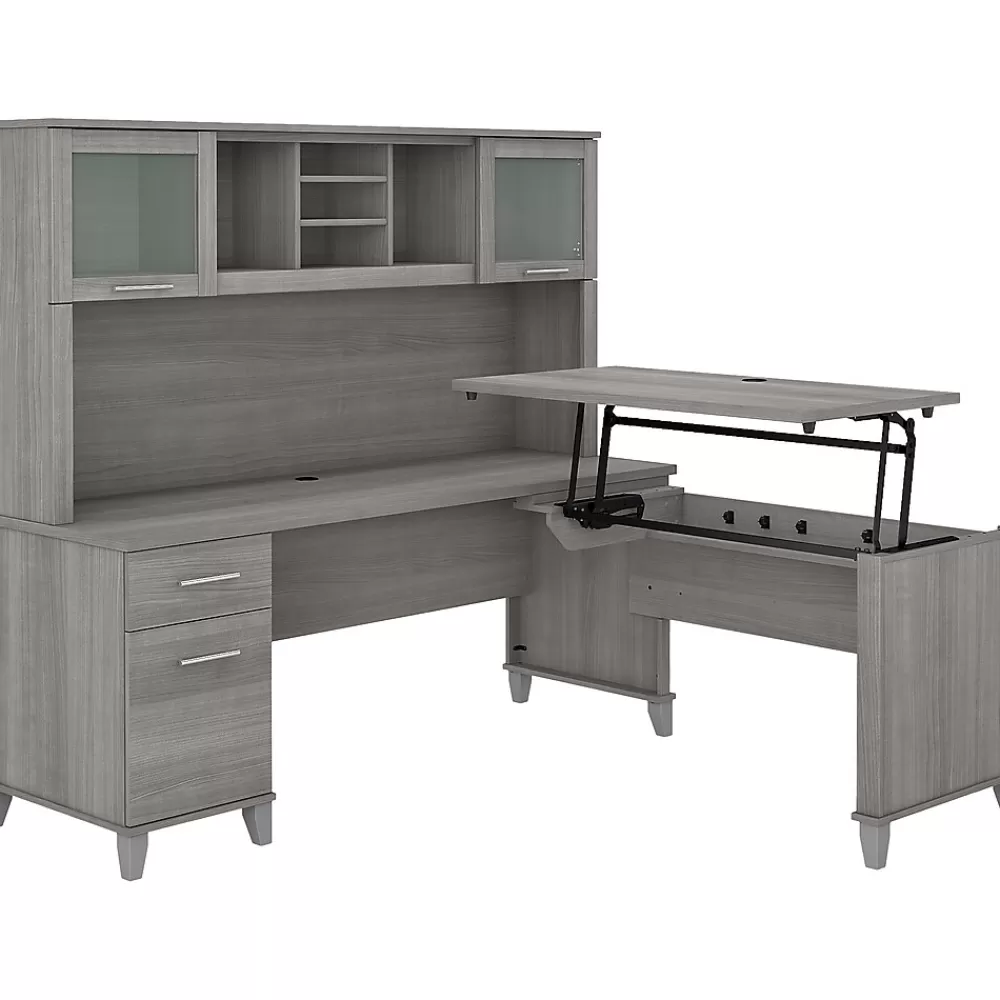 Bush Furniture Somerset 72"W 3 Position Sit to Stand L Shaped Desk with Hutch, (SET015PG) Platinum Gray Outlet
