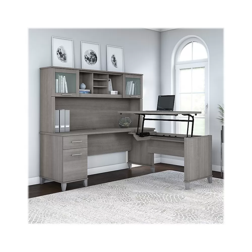Bush Furniture Somerset 72"W 3 Position Sit to Stand L Shaped Desk with Hutch, (SET015PG) Platinum Gray Outlet
