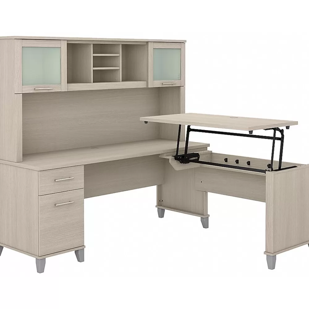 Bush Furniture Somerset 72"W 3 Position Sit to Stand L Shaped Desk with Hutch, (SET015SO) Sand Oak Hot
