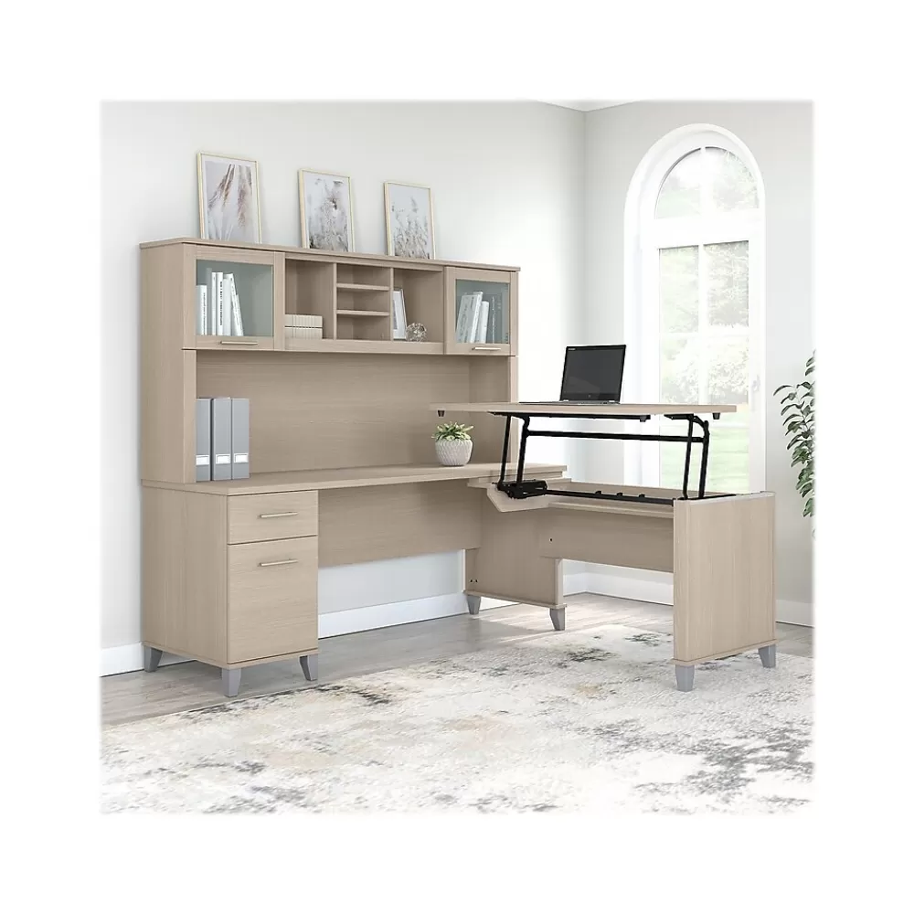 Bush Furniture Somerset 72"W 3 Position Sit to Stand L Shaped Desk with Hutch, (SET015SO) Sand Oak Hot