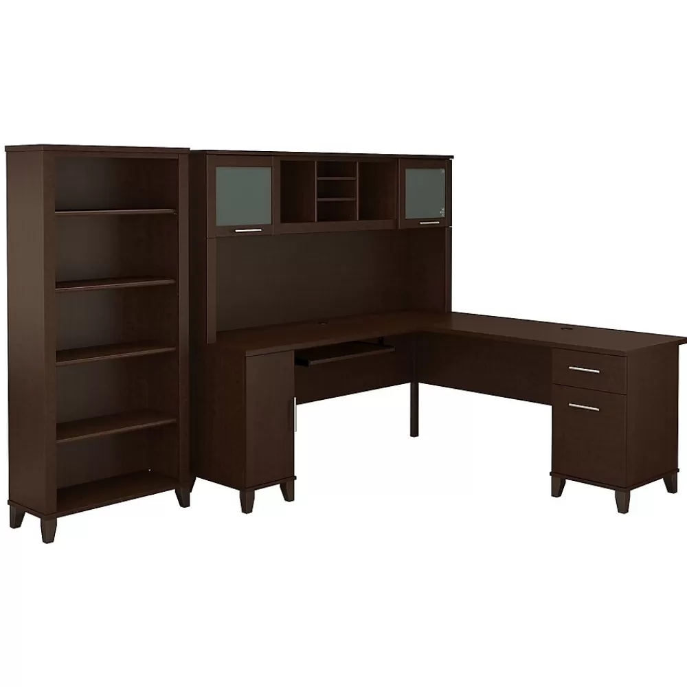 Bush Furniture Somerset 72"W L Shaped Desk with Hutch and 5 Shelf Bookcase, Mocha Cherry (SET011MR) Cheap