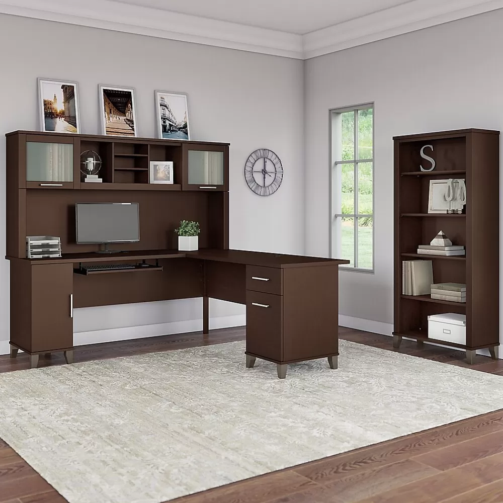 Bush Furniture Somerset 72"W L Shaped Desk with Hutch and 5 Shelf Bookcase, Mocha Cherry (SET011MR) Cheap