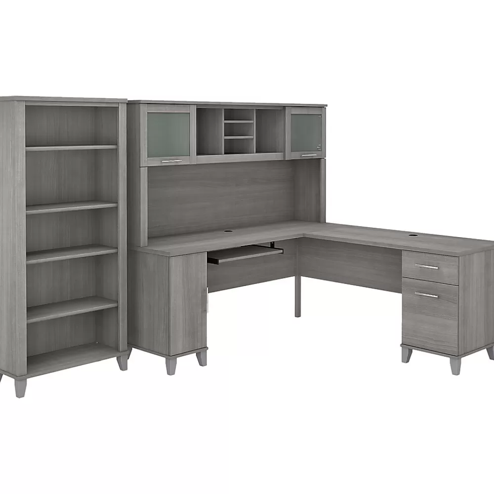 Bush Furniture Somerset 72"W L Shaped Desk with Hutch and 5 Shelf Bookcase, (SET011PG) Platinum Gray Fashion