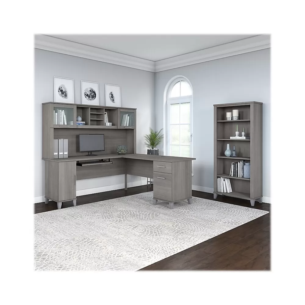 Bush Furniture Somerset 72"W L Shaped Desk with Hutch and 5 Shelf Bookcase, (SET011PG) Platinum Gray Fashion