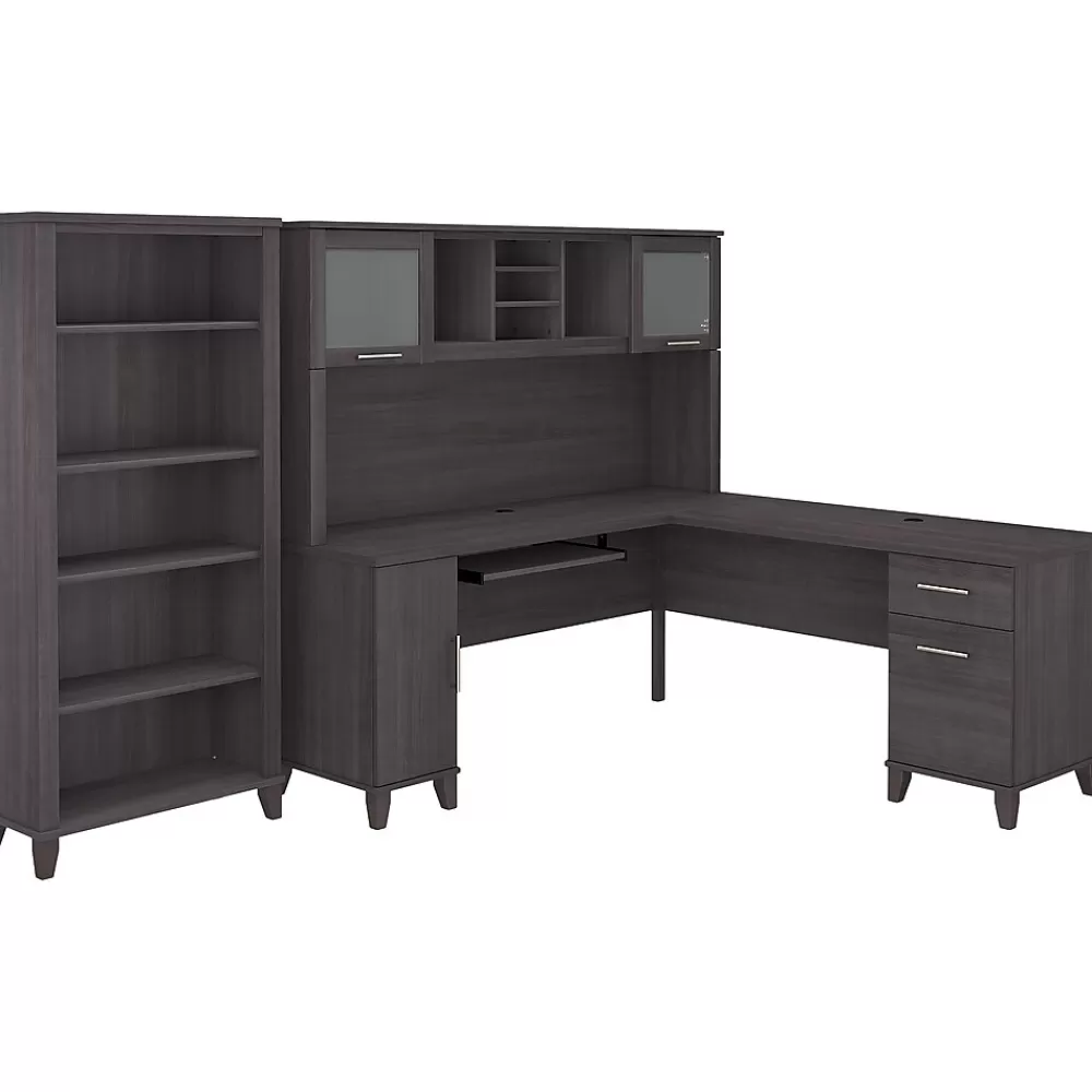 Bush Furniture Somerset 72"W L Shaped Desk with Hutch and 5 Shelf Bookcase, (SET011SG) Storm Gray Cheap