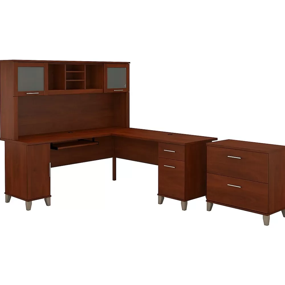 Bush Furniture Somerset 72"W L Shaped Desk with Hutch and Lateral File Cabinet, (SET009HC) Hansen Cherry New