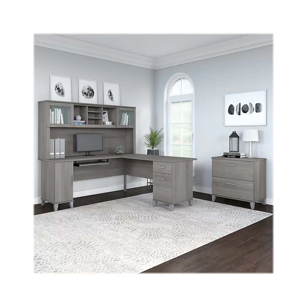 Bush Furniture Somerset 72"W L Shaped Desk with Hutch and Lateral File Cabinet, (SET009PG) Platinum Gray Fashion