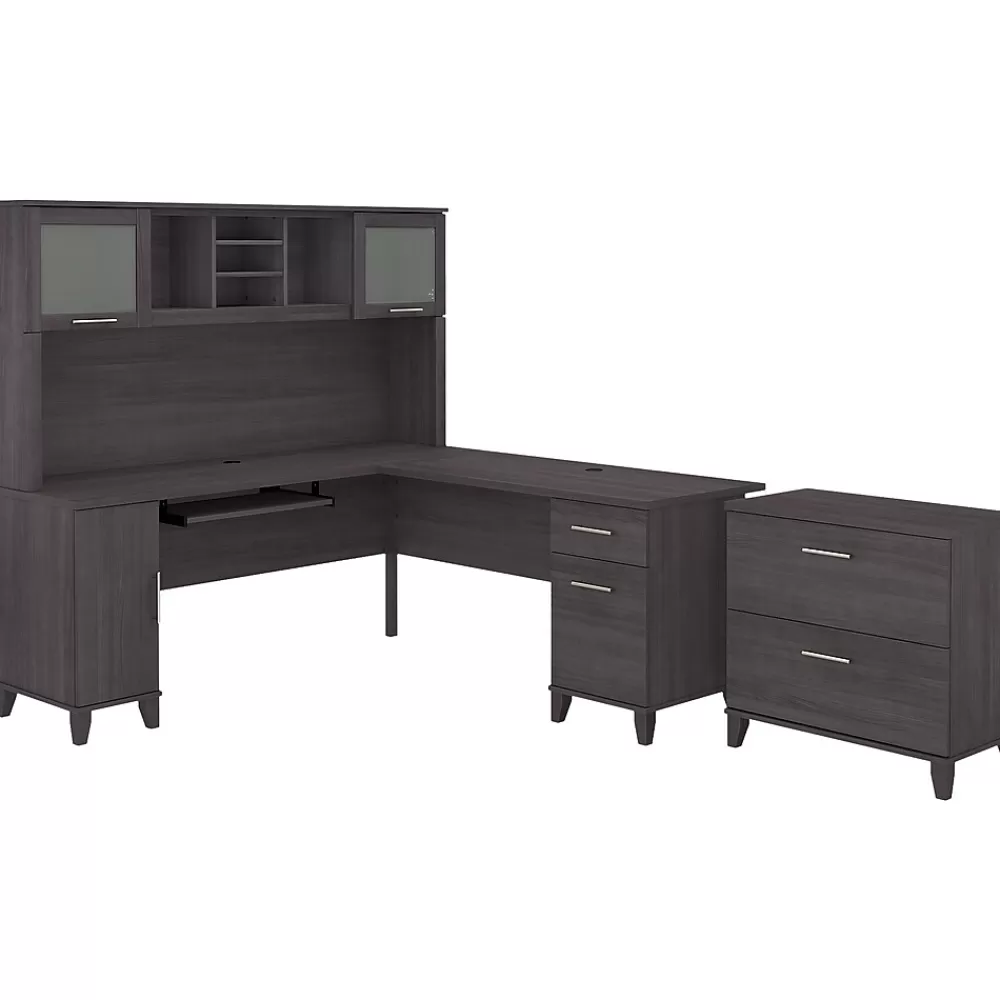 Bush Furniture Somerset 72"W L Shaped Desk with Hutch and Lateral File Cabinet, (SET009SG) Storm Gray Store