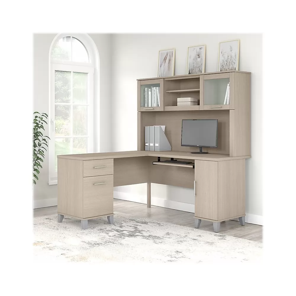 Bush Furniture Somerset 60"W L Shaped Desk with Hutch, (SET002SO) Sand Oak New