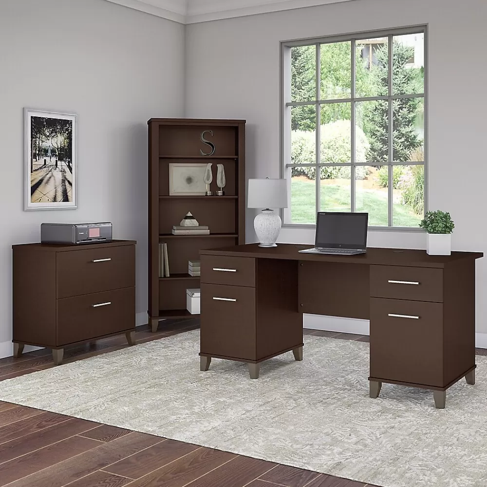 Bush Furniture Somerset 60"W Office Desk with Lateral File Cabinet and 5 Shelf Bookcase, (SET013MR) Mocha Cherry Clearance