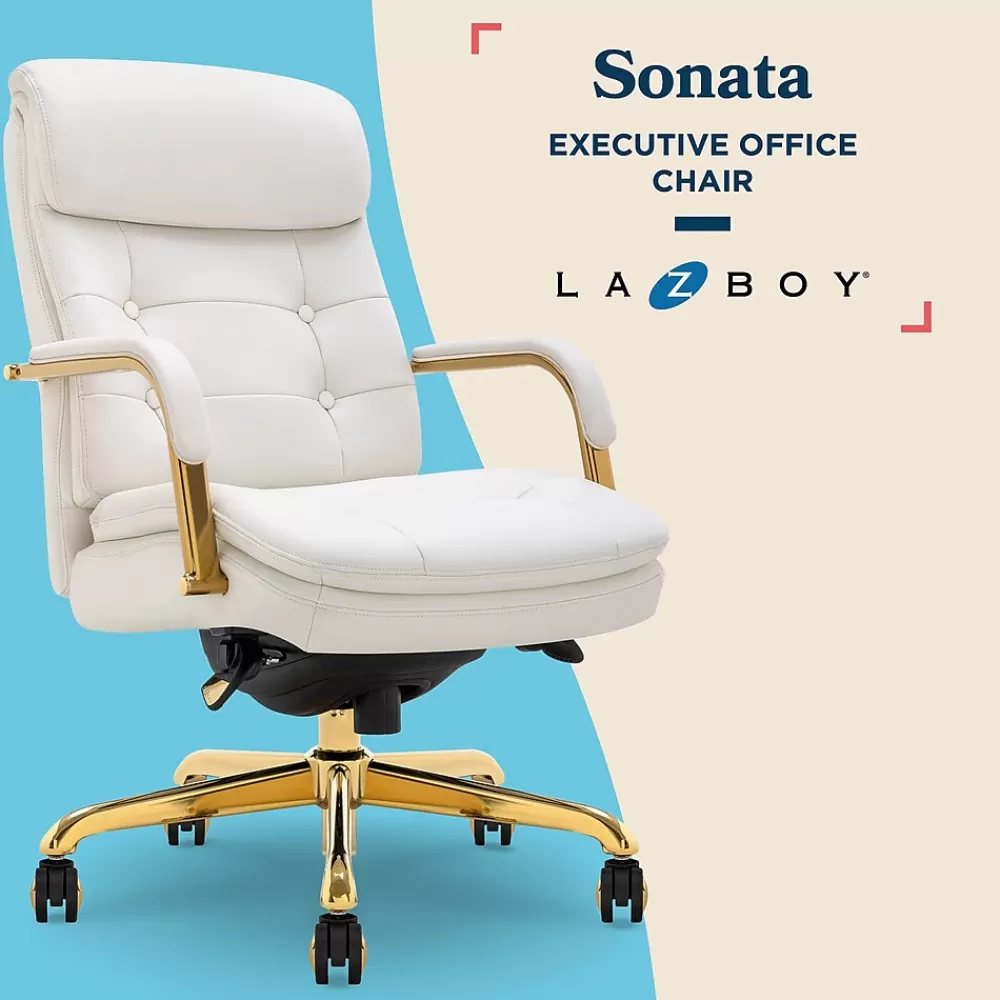 La-Z-Boy Sonata Ergonomic Bonded Leather Swivel Executive Chair, White and Gold (CCHR10014A) Cheap