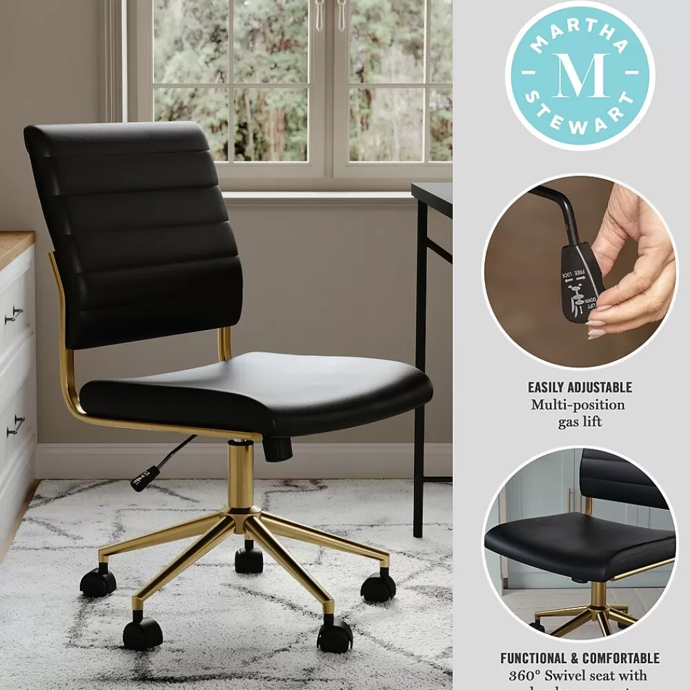 Martha Stewart Ivy Armless Faux Leather Swivel Office Chair, Black/Polished Brass (CH2209211BKGLD) Cheap