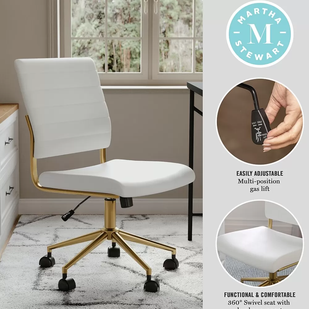 Martha Stewart Ivy Armless Faux Leather Swivel Office Chair, White/Polished Brass (CH2209211WHGLD) New