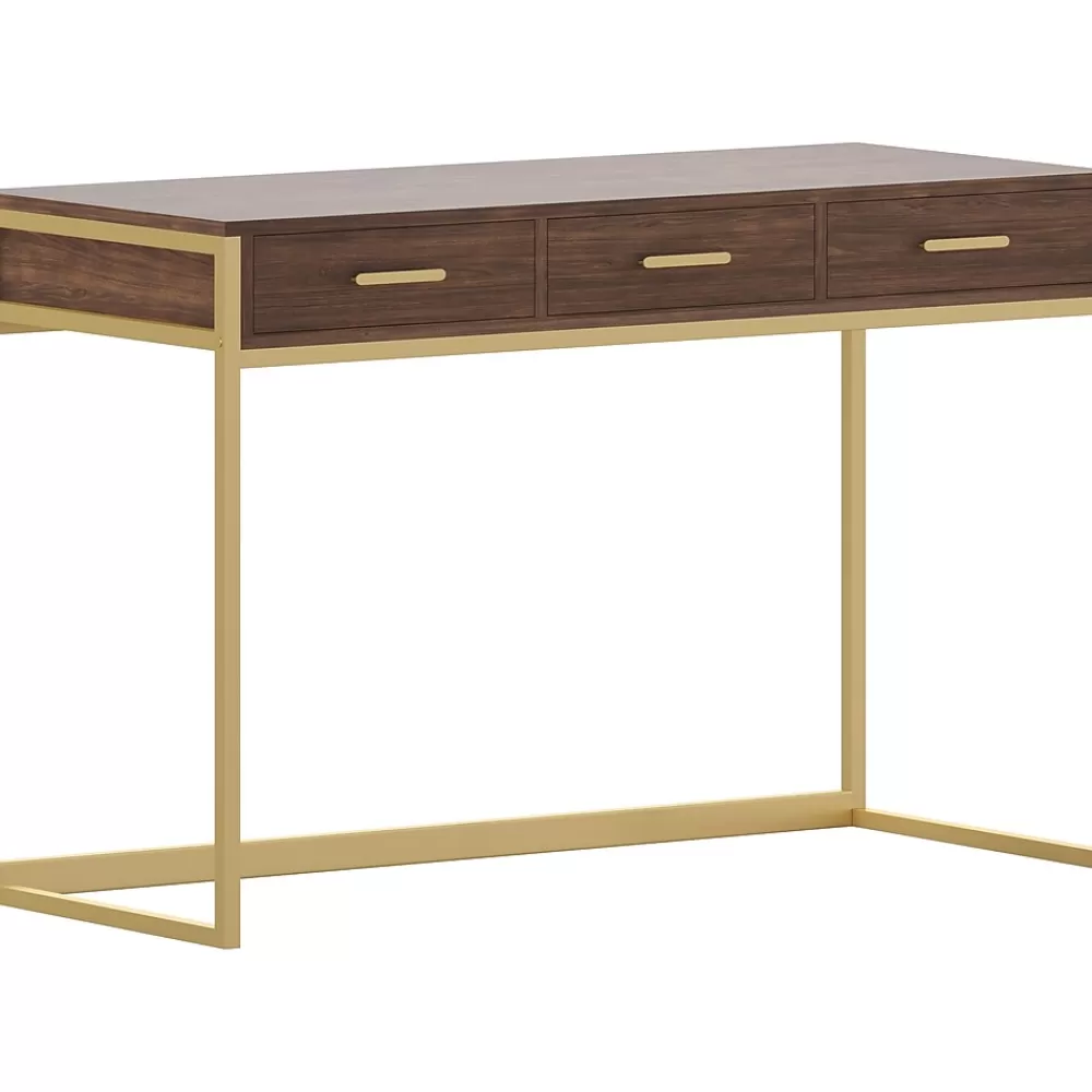 Martha Stewart Ollie 47"W Home Office Desk with 3 Drawers, Walnut/Polished Brass (ZGZP028BRGLD) Clearance