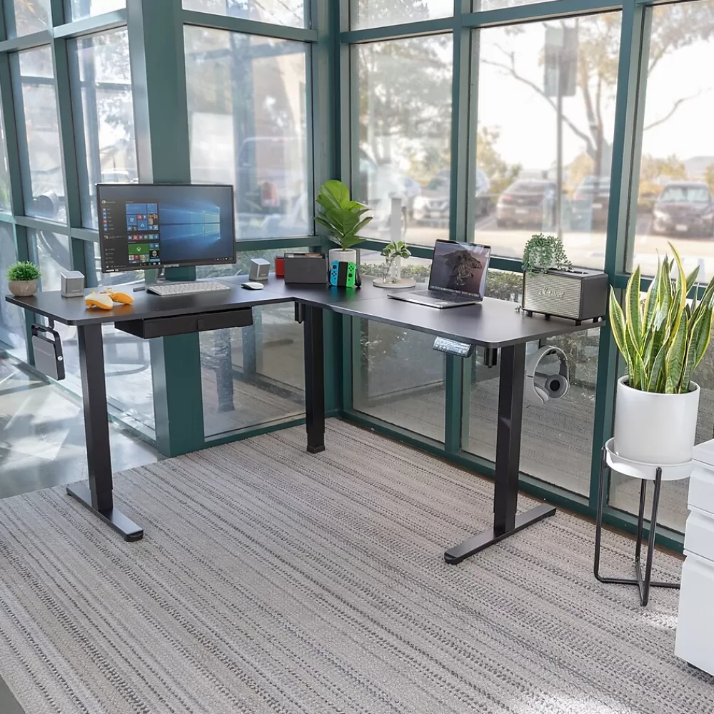 Mount-It! MI-15001 63"W L-Shaped Adjustable Particle Board Standing Desk, (MI-15001) Black Hot