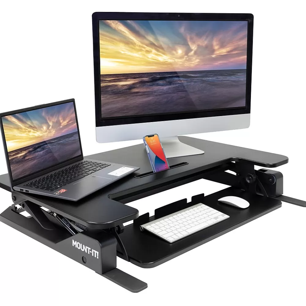 Mount-It! 36."W Rectangular Adjustable Standing Desk Converter, Black (MI-7926) New