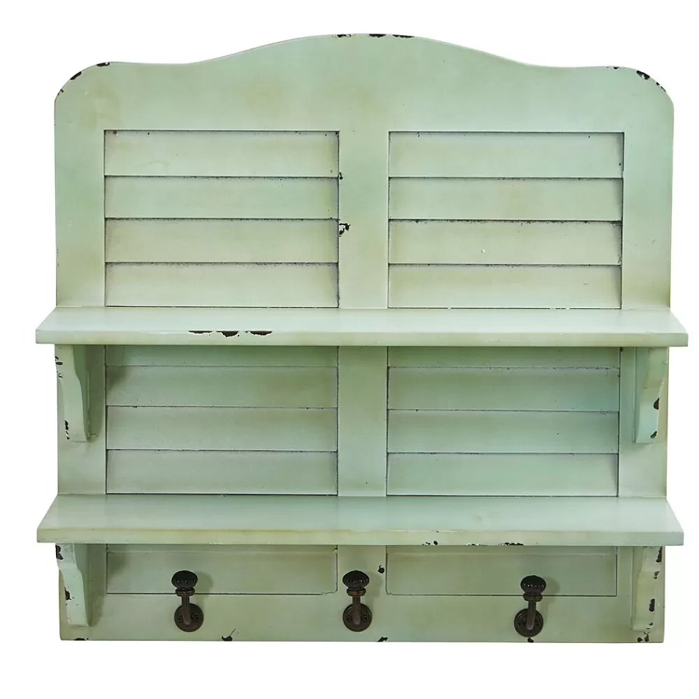 Nearly Natural 2-Shelf 20" Vintage Window Shutter Shelving with Hooks Wall Decor, Green (7034) Best Sale