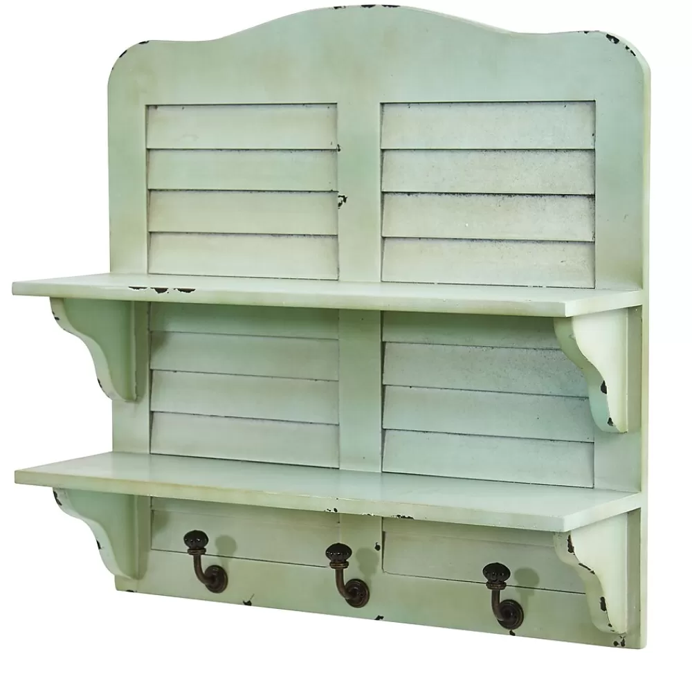 Nearly Natural 2-Shelf 20" Vintage Window Shutter Shelving with Hooks Wall Decor, Green (7034) Best Sale