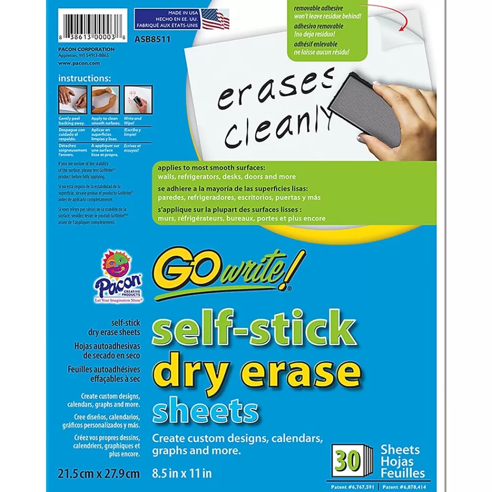 Pacon Go Write Dry Erase Sheets 30PK 8 1/2 X 11 Plain, Melamine, Self Stick (PACASB8511) Fashion