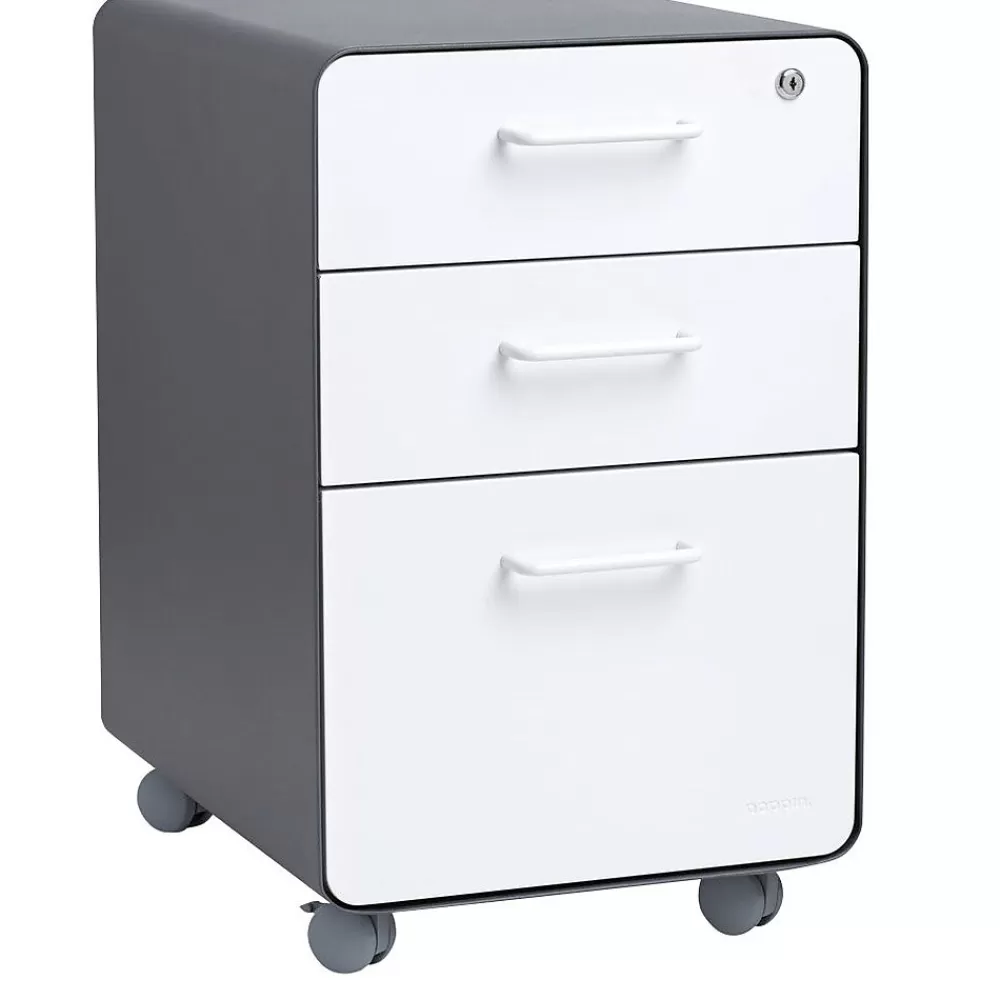 Poppin Stow 3-Drawer File Cabinet, Rolling Cabinet with Casters, Letter/Legal, Charcoal/White, 20"D (103698) Flash Sale