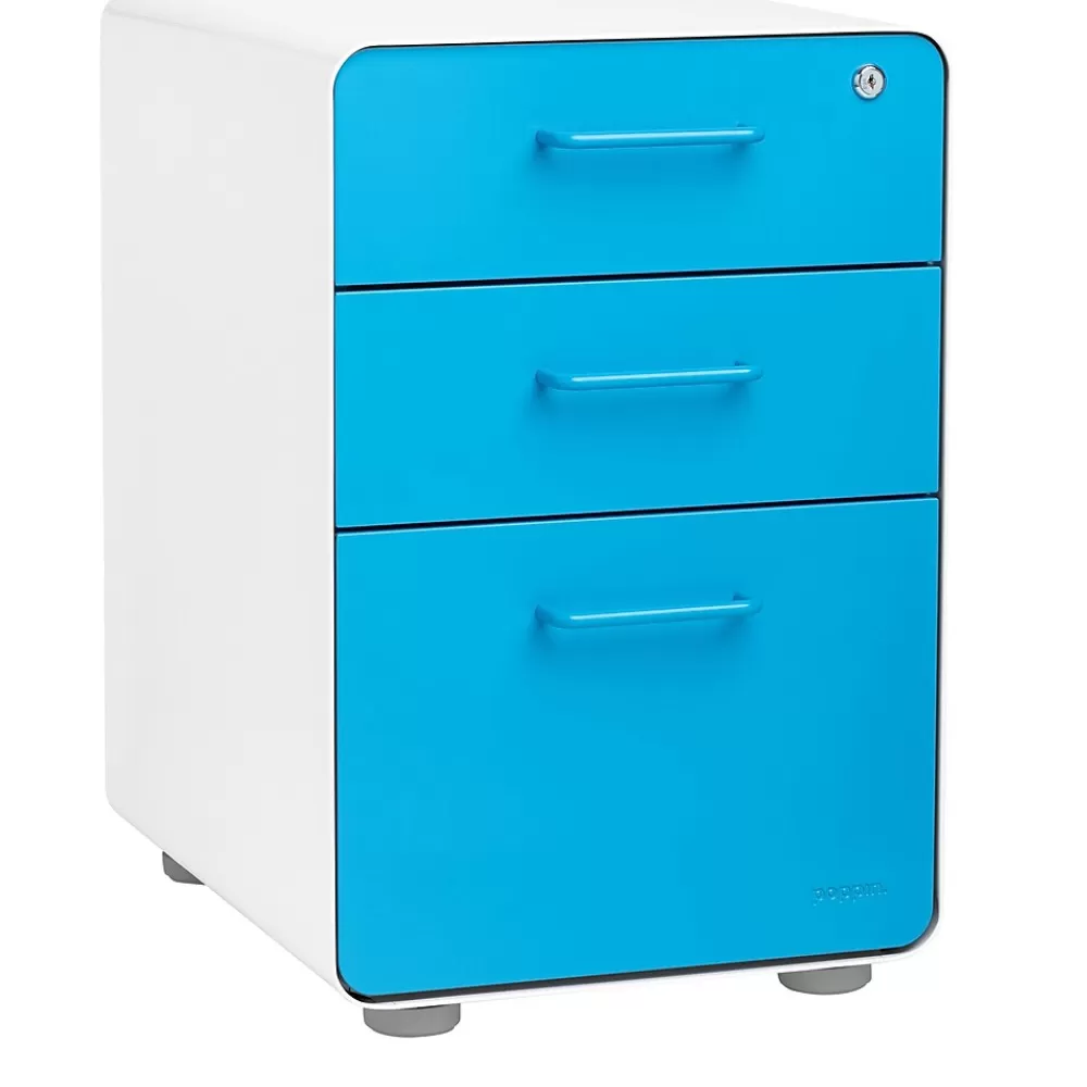 Poppin Stow 3-Drawer Mobile Vertical File Cabinet, Letter/Legal Size, Lockable, 24"H x 15.75"W x 20"D, White and Blue (100429) Flash Sale