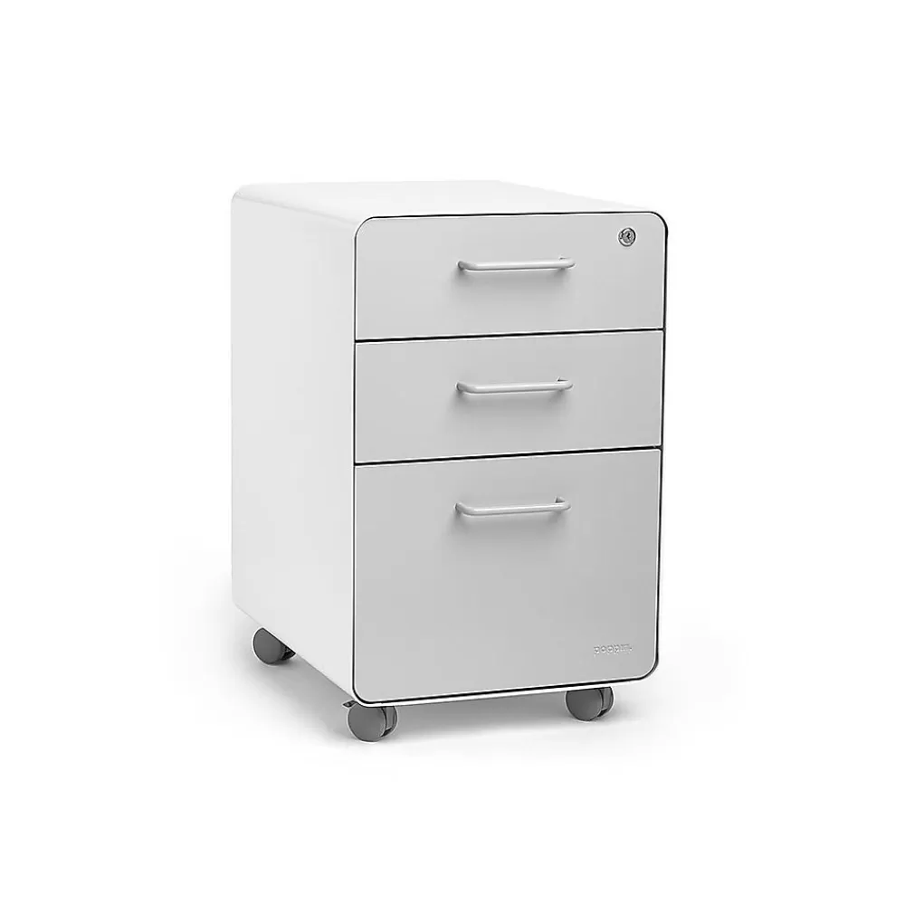 Poppin Stow 3-Drawer Mobile Vertical File Cabinet, Letter/Legal Size, Lockable, 24"H x 15.75"W x 20"D, White/Light Gray (101251) Clearance