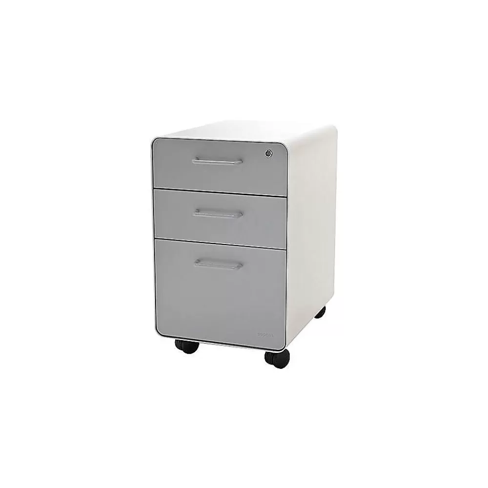 Poppin Stow 3-Drawer Mobile Vertical File Cabinet, Letter/Legal Size, Lockable, 24"H x 15.75"W x 20"D, White/Light Gray (101251) Clearance
