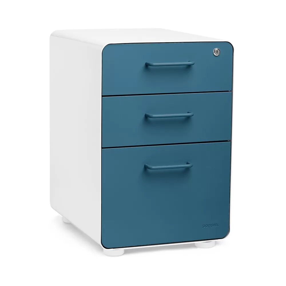 Poppin Stow 3-Drawer Vertical Locking File Cabinet, White & Slate Blue, 16" (105944) Best Sale