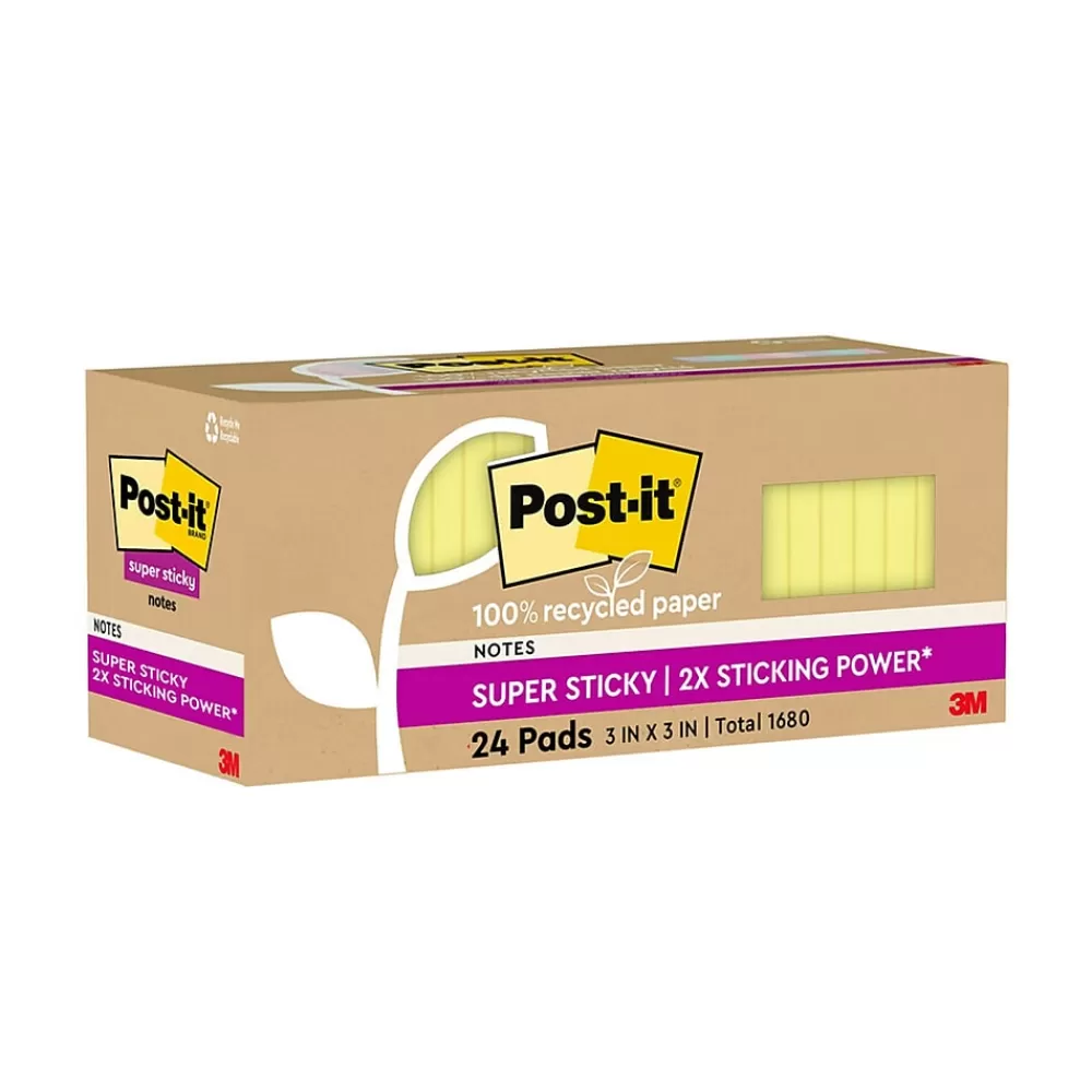Post-it 100% Recycled Paper Super Sticky Notes, 3" x 3", Canary Collection, 70 Sheets/Pad, 24 Pads/Pack (654R-24SSCY-CP) New