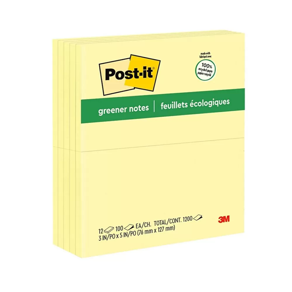 Post-it Greener Recycled Notes, 3" x 5", Canary Collection, 100 Sheet/Pad, 12 Pads/Pack (655RPYW) Clearance