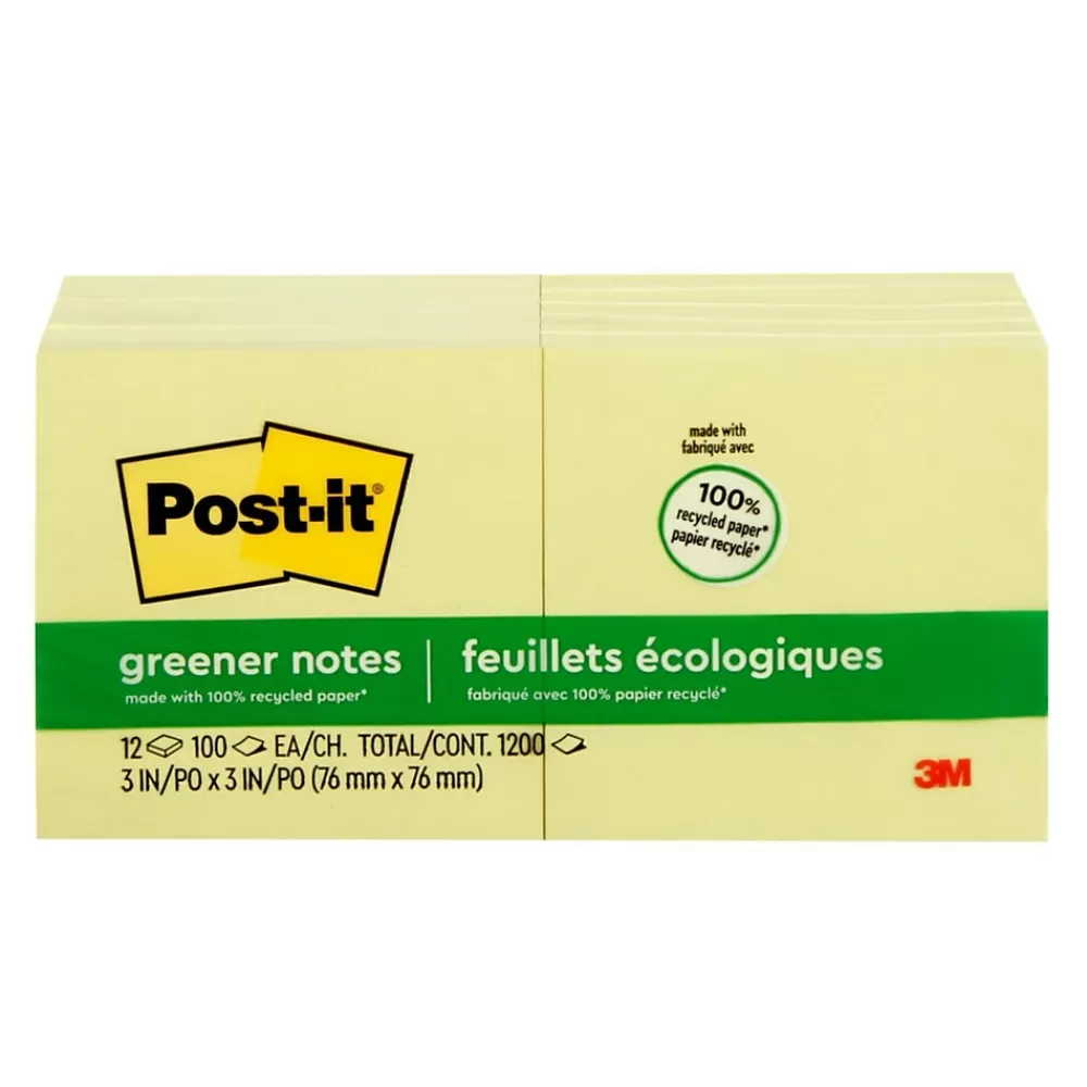 Post-it Greener Recycled Notes, 3" x 3", Canary Collection, 100 Sheet/Pad, 12 Pads/Pack (654-RP-YW) Shop