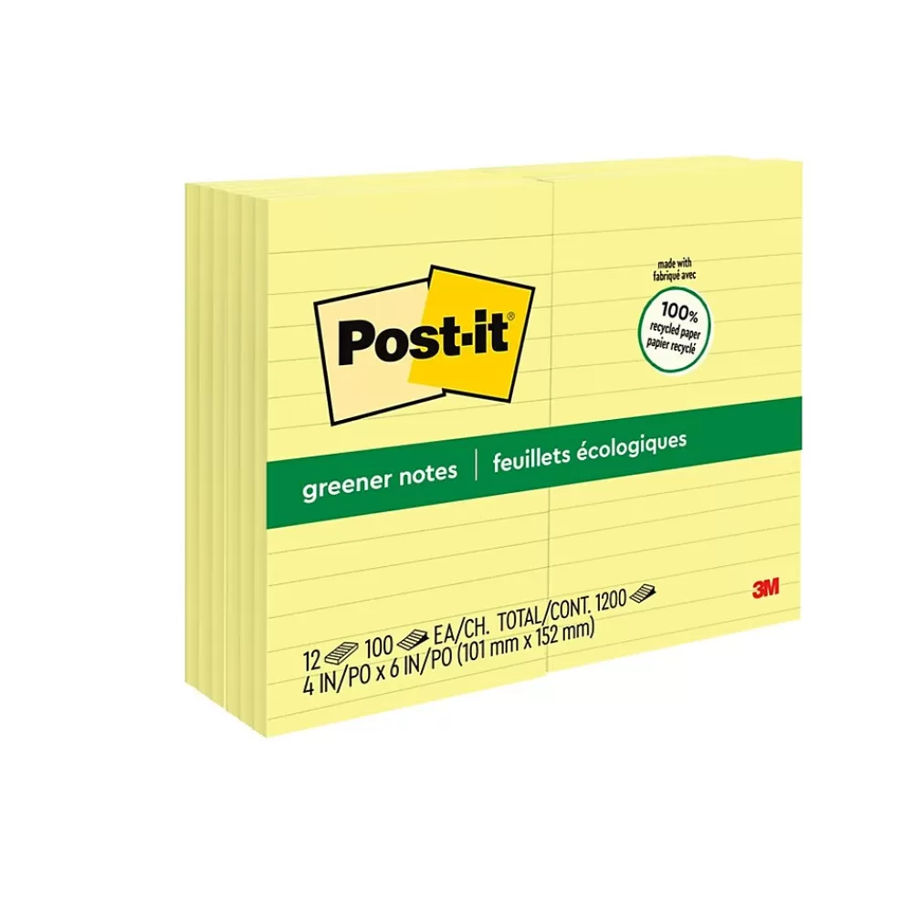 Post-it Greener Recycled Notes, 4" x 6", Canary Collection, Lined, 100 Sheet/Pad, 12 Pads/Pack (660RPYW) Online