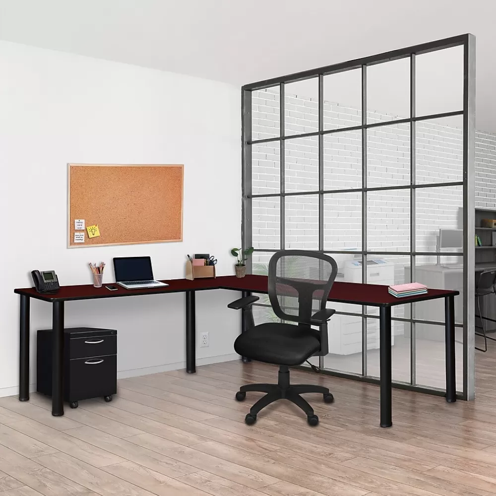 Regency Kee 72" L-Desk with 42" Return, Mahogany/Black (ML722442MHBPBK) New