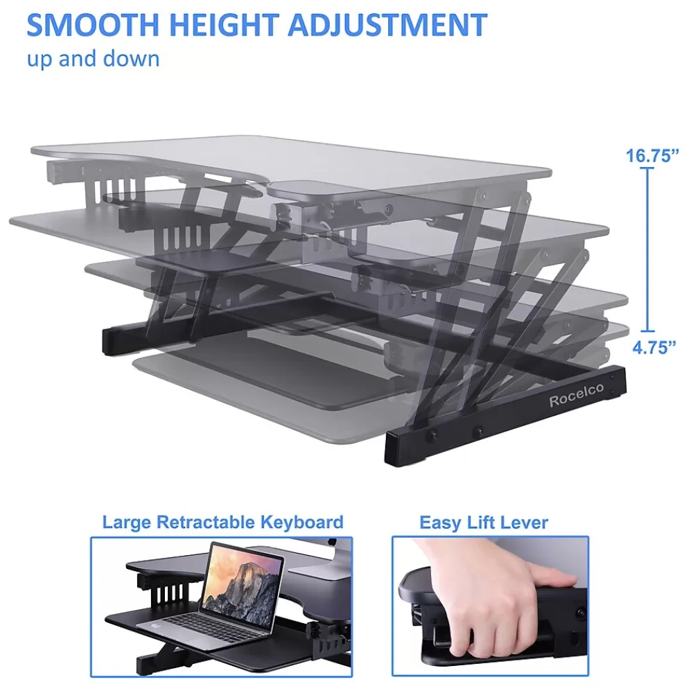 Rocelco 32"W Manual Adjustable Standing Desk Converter, Black (R ADRB) Flash Sale