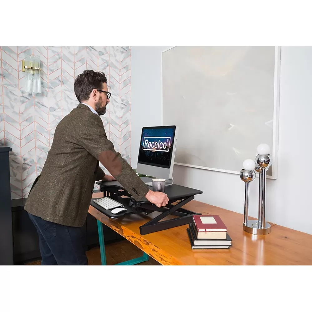 Rocelco 32"W Manual Adjustable Standing Desk Converter, Black (R EADRB2) Clearance