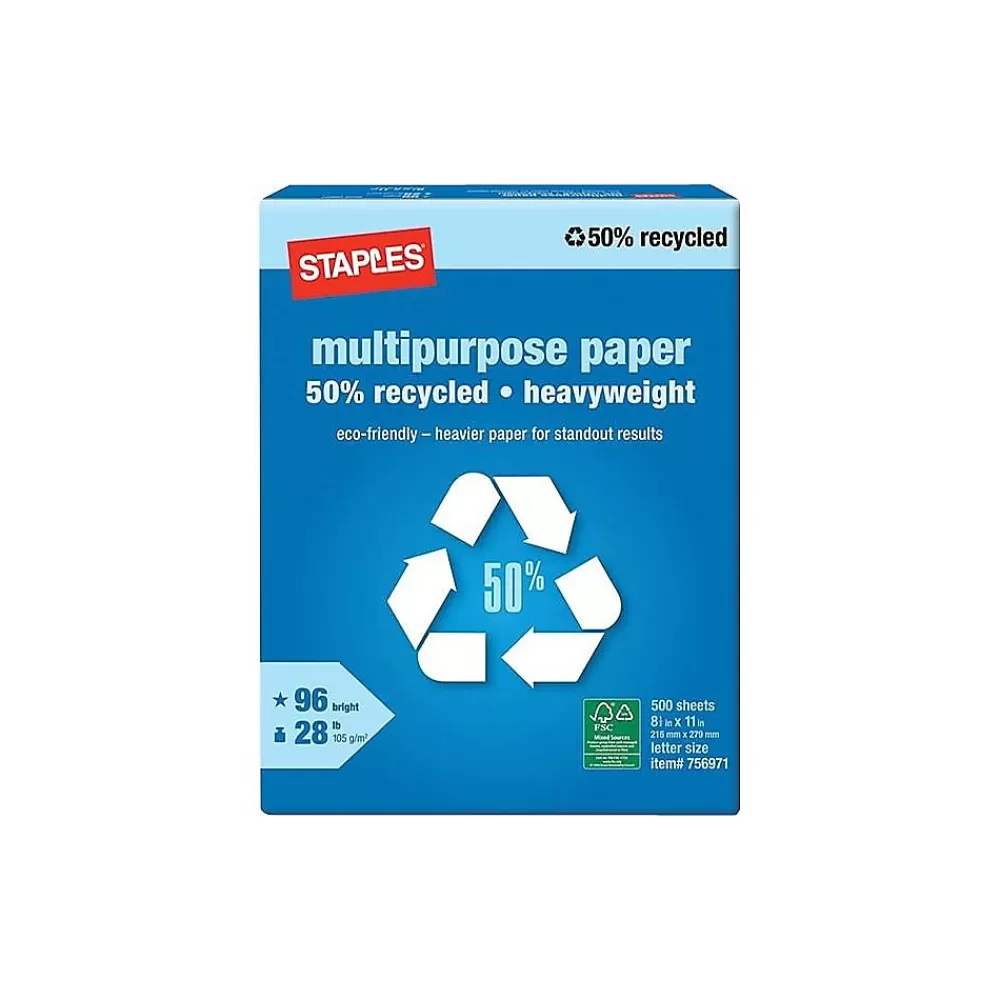 Staples 50% Recycled Heavyweight 8.5" x 11" Multipurpose Paper, 28 lbs., 96 Brightness, 500/Ream (86058) Cheap