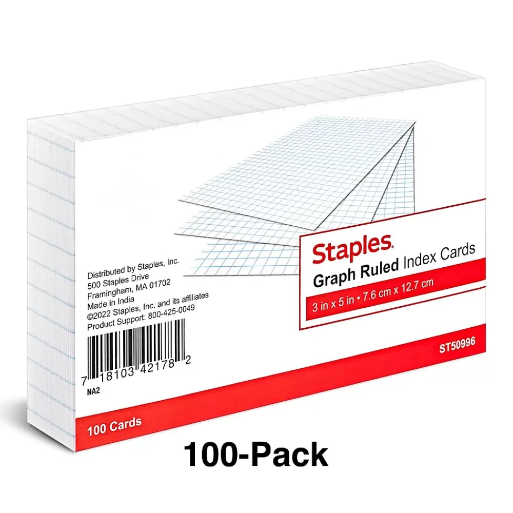 Staples 3" x 5" Index Cards, Graph Ruled, White, 100/Pack (TR50996) Best Sale